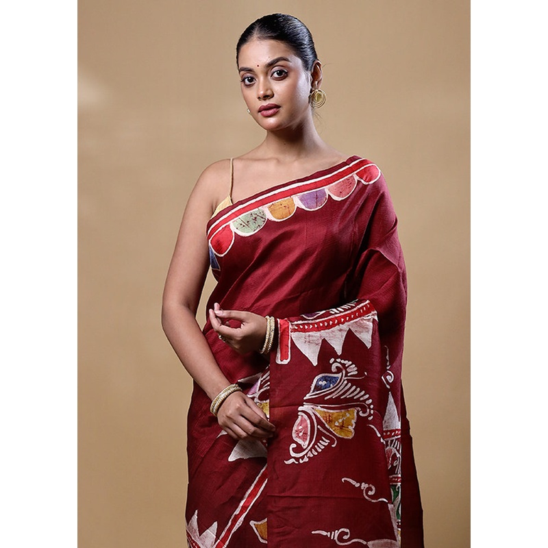 Maroon Printed Pure Silk Saree Without Blouse Piece - JD986606404