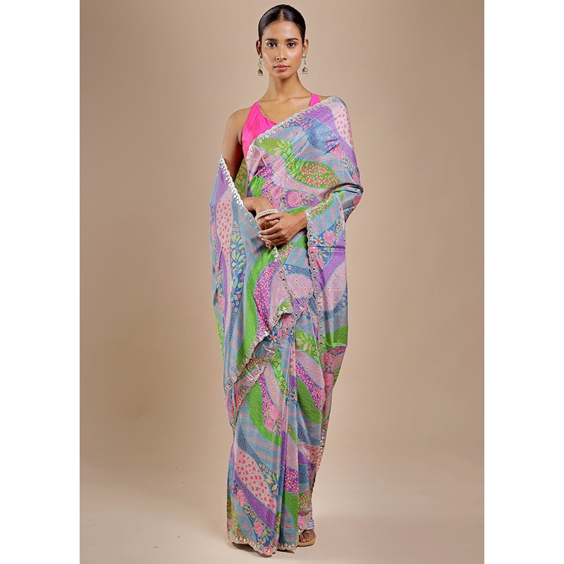 Multicolor Printed Pure Silk Saree Without Blouse Piece - JD986606387