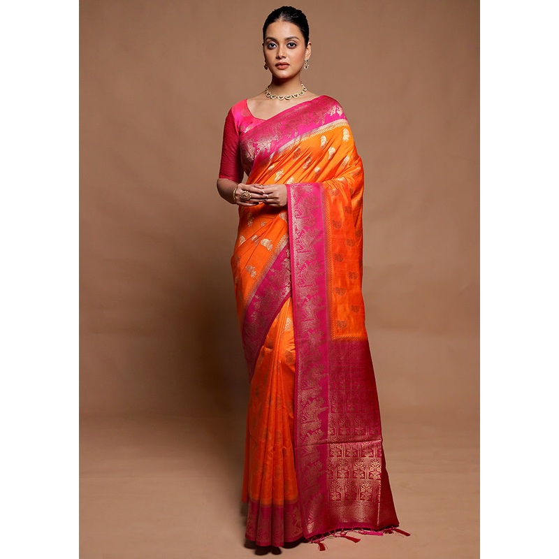 Orange Dupion Silk Saree With Blouse Piece - JD986606447