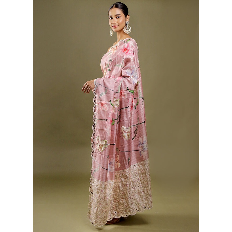 Peach Handloom Tussar Pure Silk Saree With Blouse Piece - JD986606381