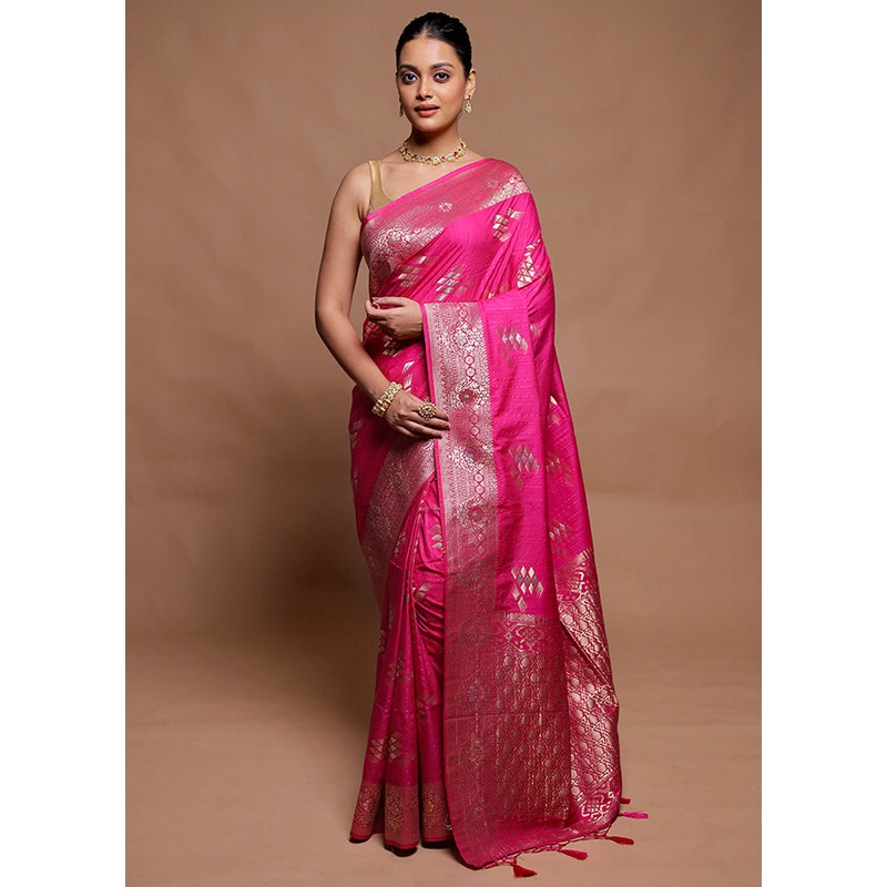 Pink Dupion Silk Saree With Blouse Piece - JD986606439