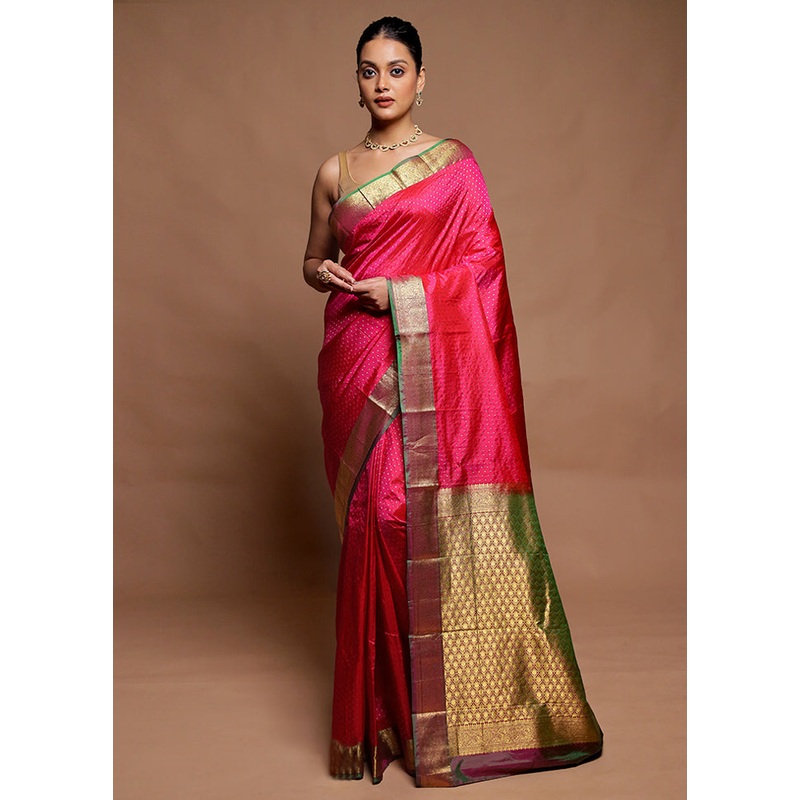Pink Handloom Kanchipuram Pure Silk Saree With Blouse Piece - JD986606438