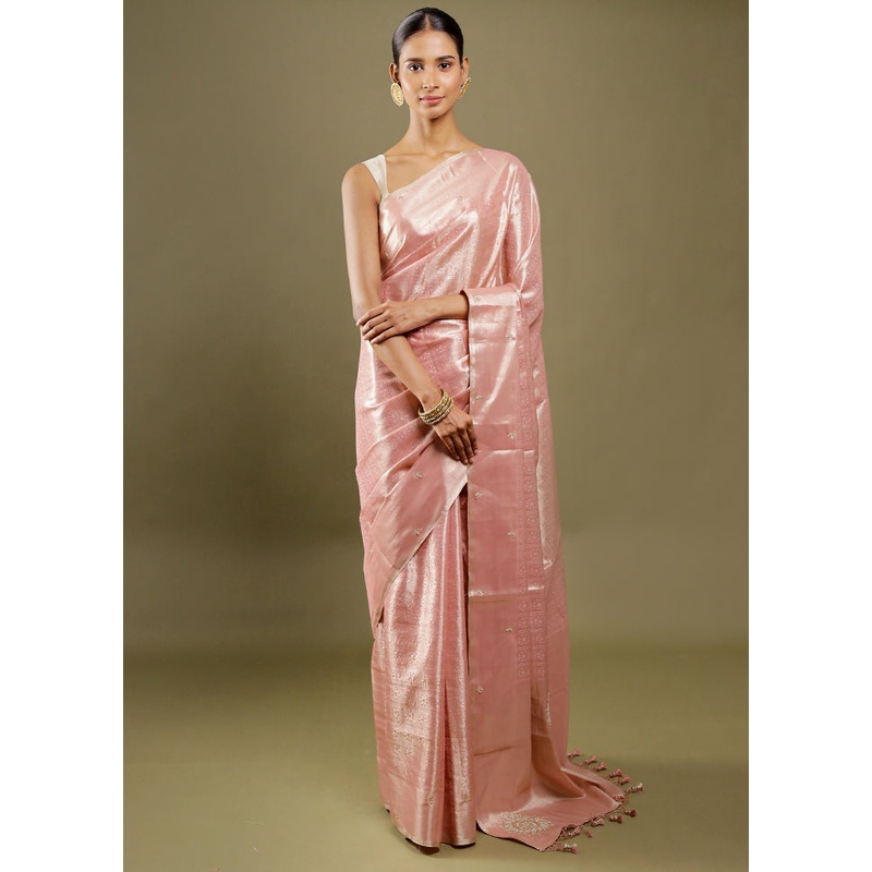 Pink Handloom Tissue Pure Silk Saree With Blouse Piece - JD986606384