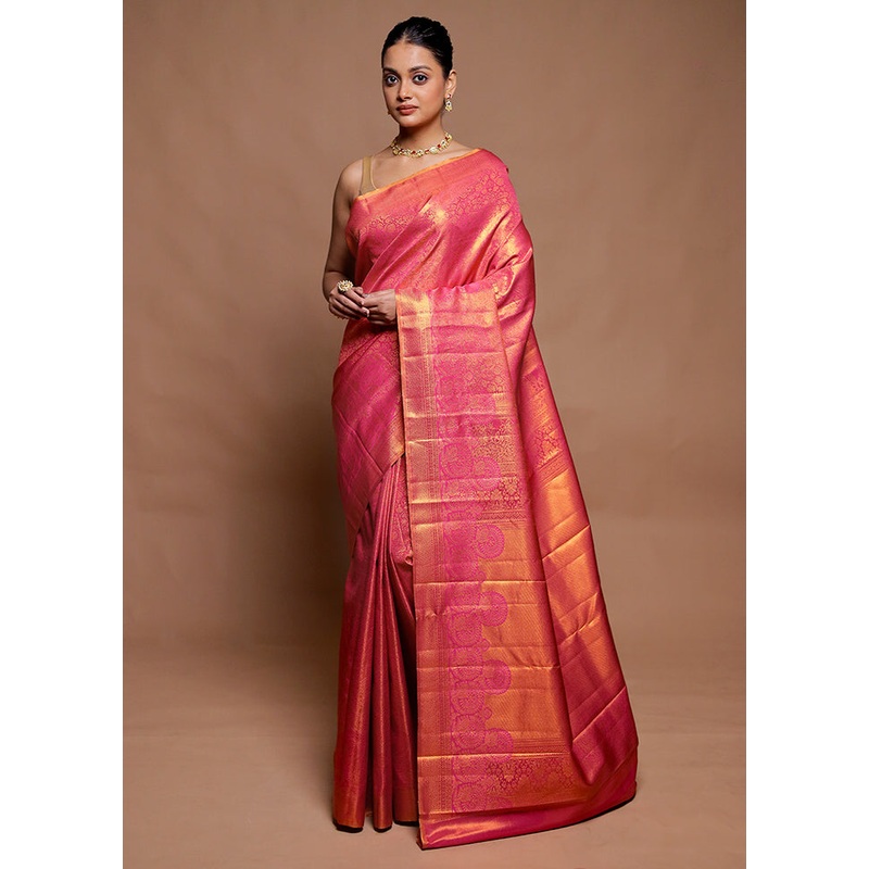 Pink Kanjivaram Silk Saree With Blouse Piece - JD986606435