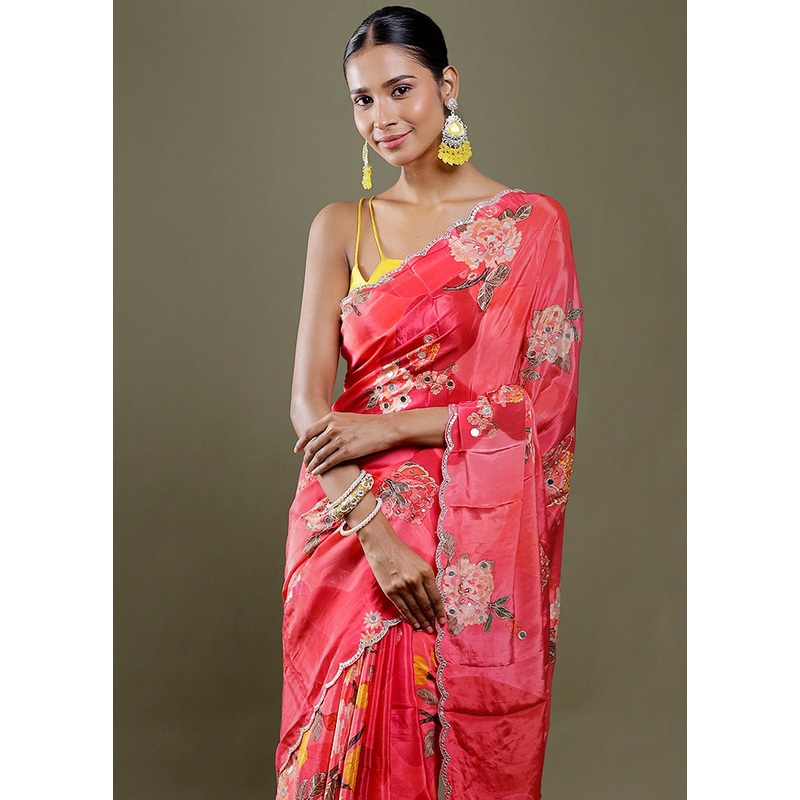 Pink Printed Pure Silk Saree Without Blouse Piece - JD986606380