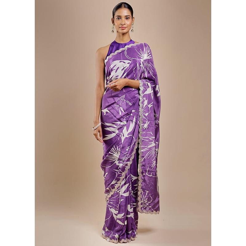 Purple Printed Pure Silk Saree Without Blouse Piece - JD986606376