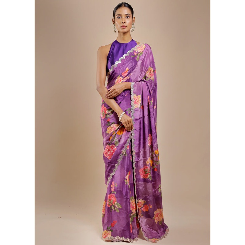 Purple Printed Pure Silk Saree Without Blouse Piece - JD986606377