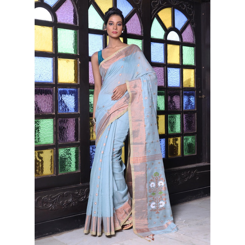Sky Blue Pure Cotton Saree With Blouse Piece - JD986606322