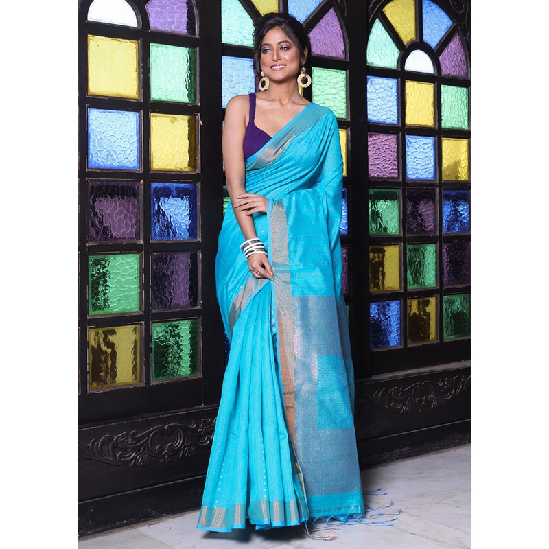 Sky Blue Pure Cotton Saree With Blouse Piece - JD986606323
