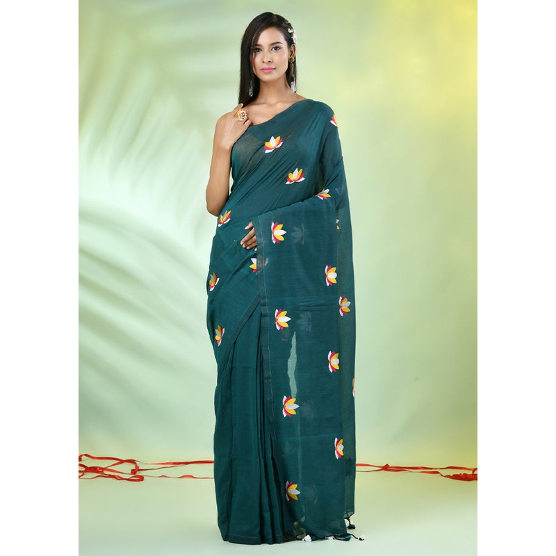 Teal Green Cotton Saree With Blouse Piece - JD986606320