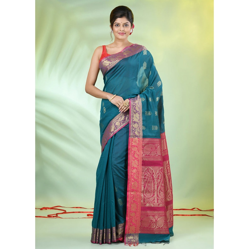 Teal Pure Cotton Saree With Blouse Piece - JD986606319