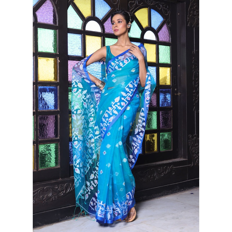 Turquoise Spun Silk Saree With Blouse Piece - JD986606318