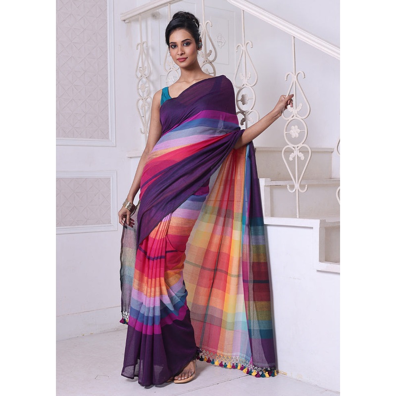 Violet Cotton Colorblock Saree Without Blouse Piece - JD986606317