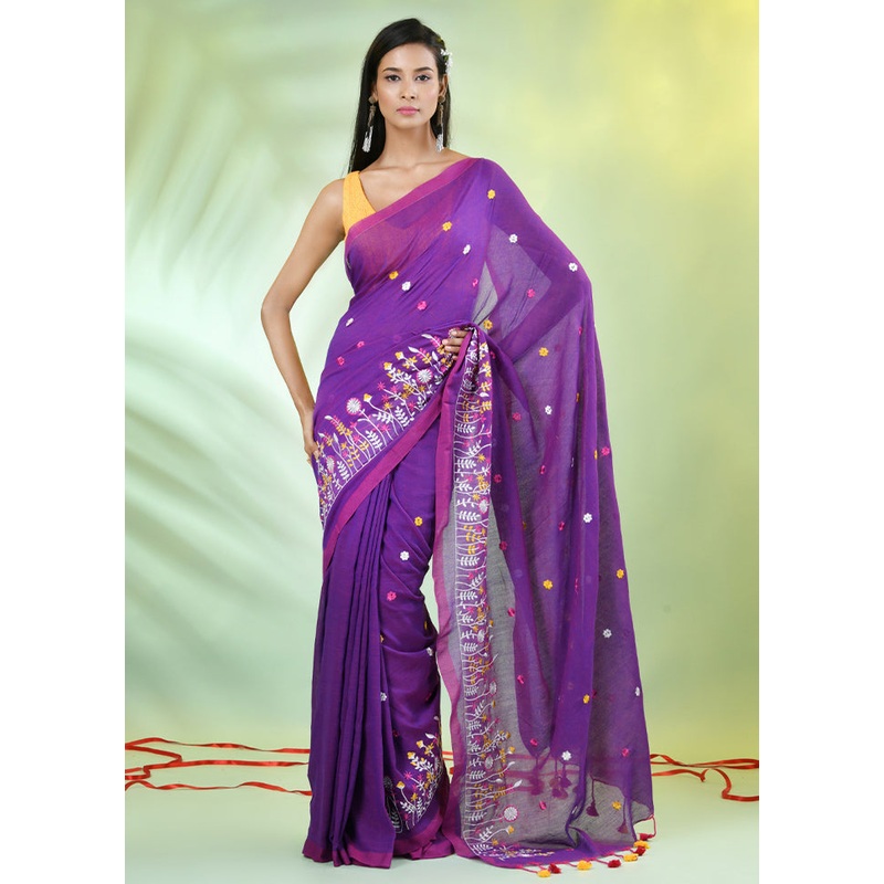Violet Cotton Saree With Blouse Piece - JD986606312