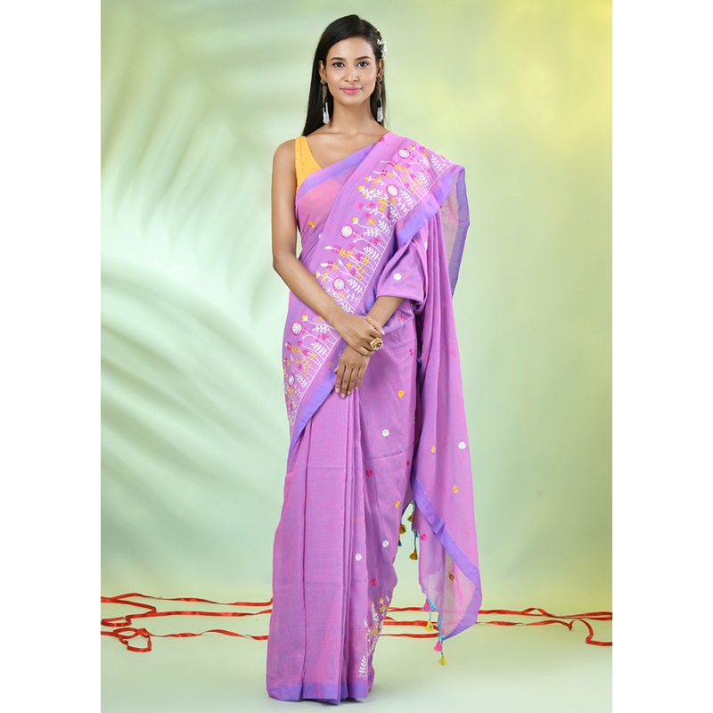 Violet Cotton Saree With Blouse Piece - JD986606313