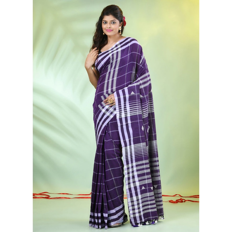 Violet Cotton Saree With Blouse Piece - JD986606315