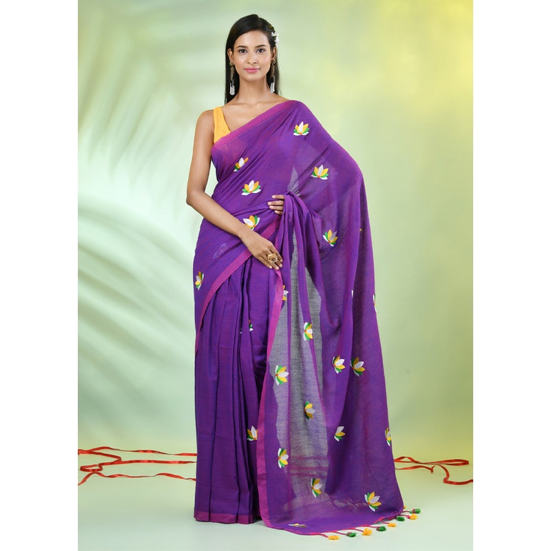 Violet Cotton Saree With Blouse Piece - JD986606316