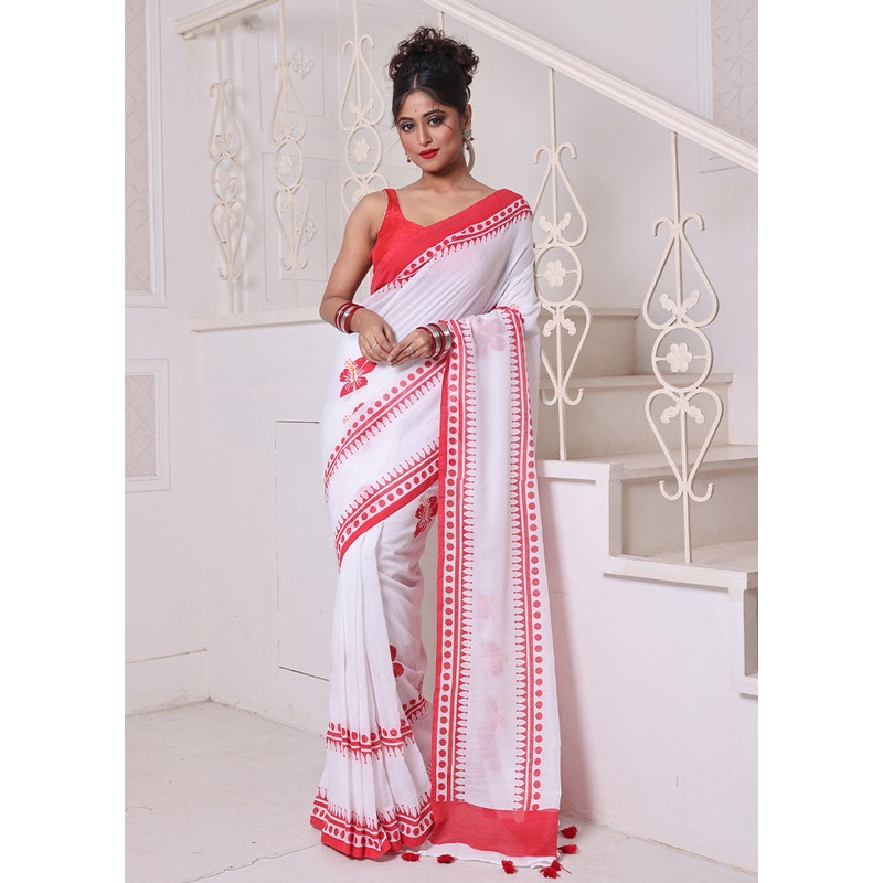 White Cotton Hibiscus Print Saree Without Blouse Piece - JD986606309