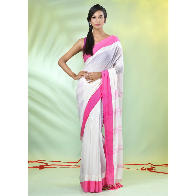 White Cotton Saree With Blouse Piece - JD986606306
