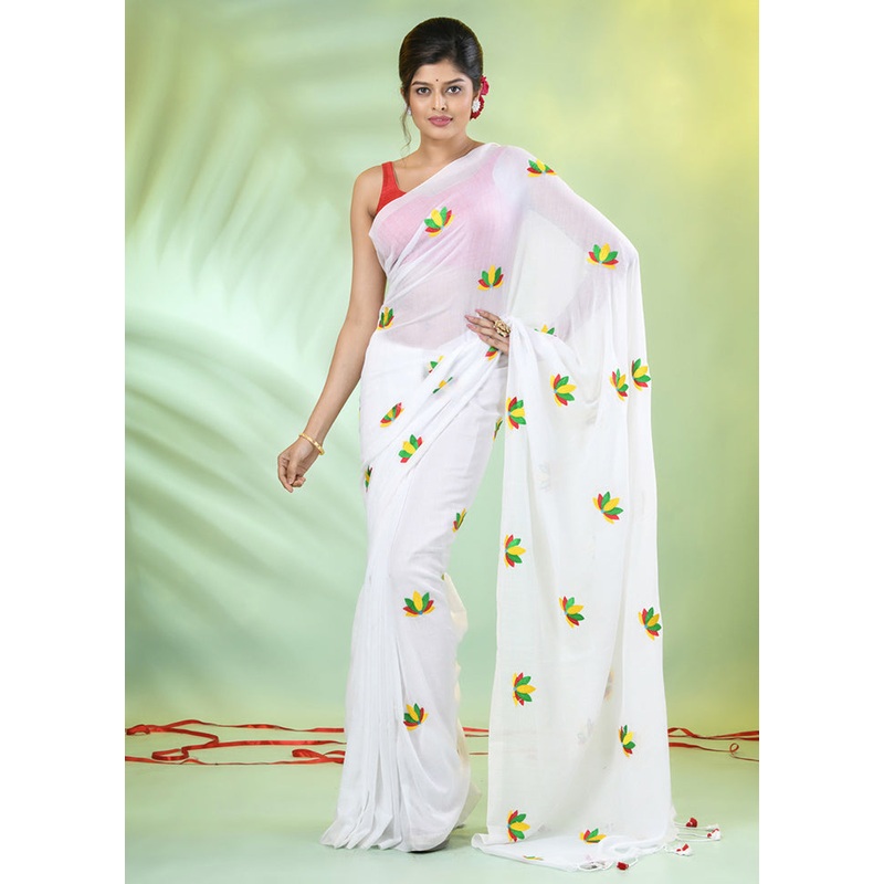 White Cotton Saree With Blouse Piece - JD986606307