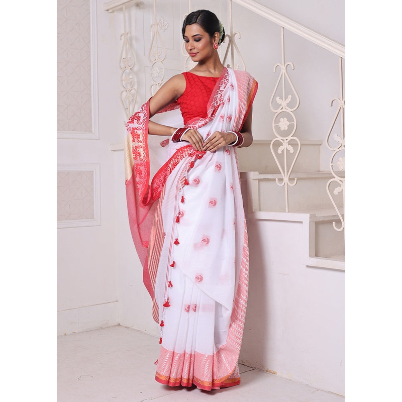 White Cotton Saree With Blouse Piece - JD986606308