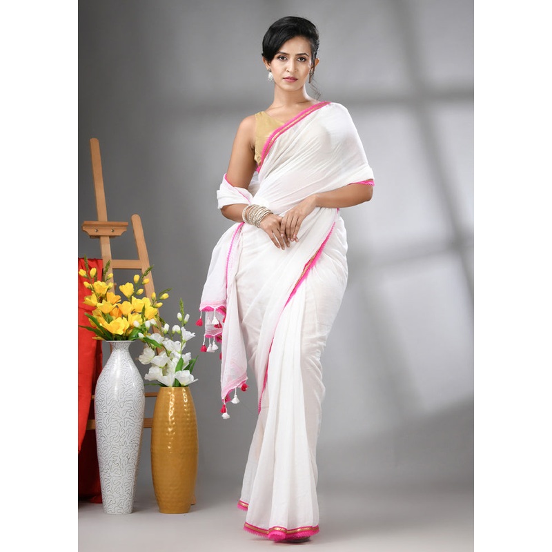 White Cotton Solid Saree Without Blouse Piece - JD986606305