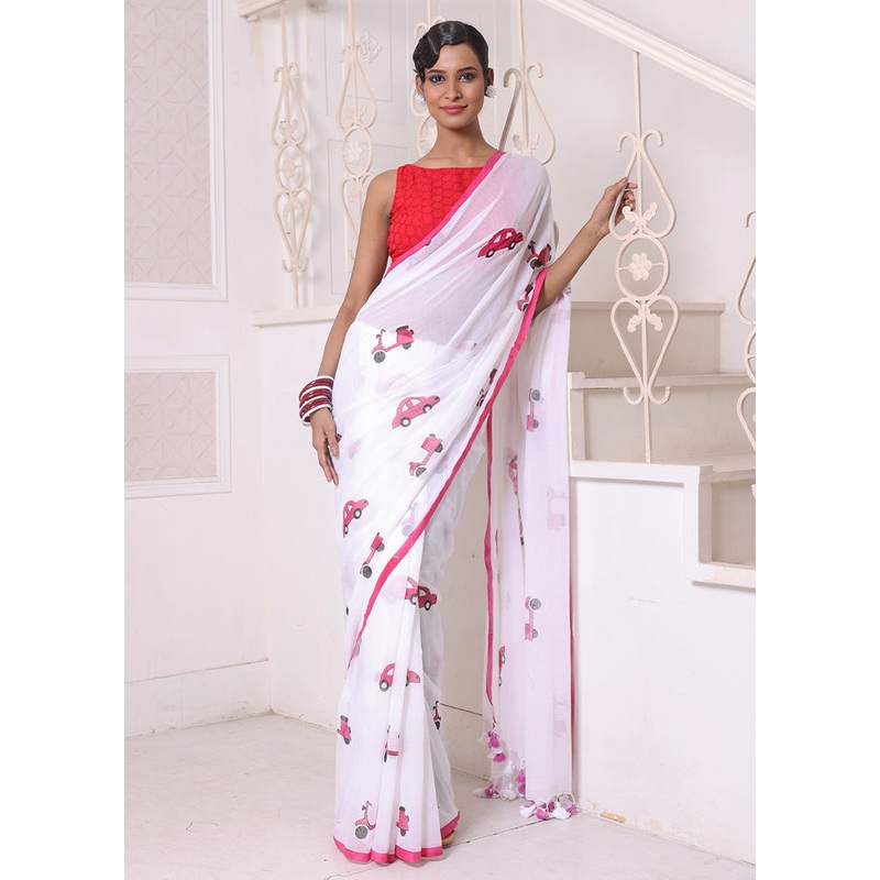 White Cotton Uber Print Saree Without Blouse Piece - JD986606304