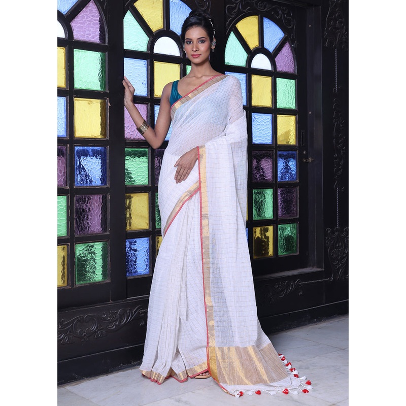 White Linen Silk Saree With Blouse Piece - JD986606302