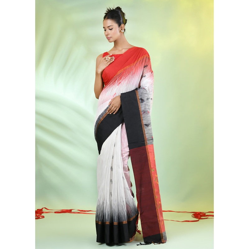 White Pure Cotton Saree With Blouse Piece - JD986606300