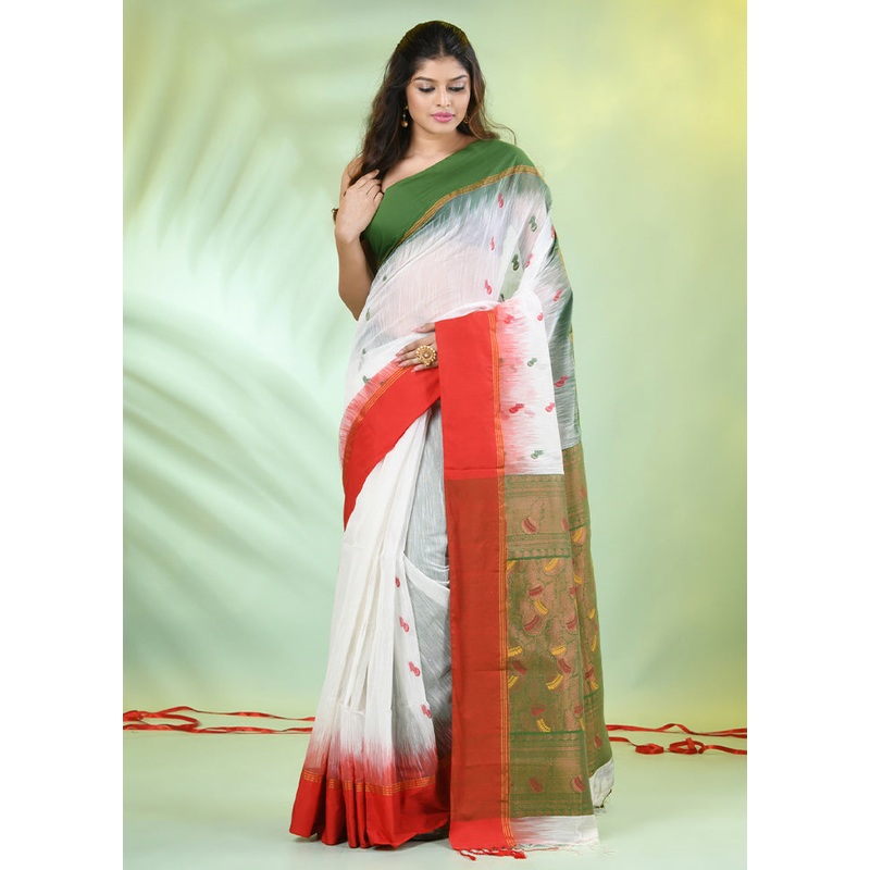 White Pure Cotton Saree With Blouse Piece - JD986606301