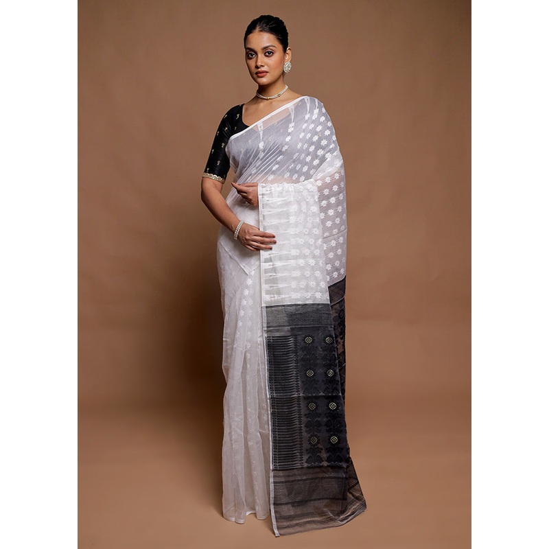 White Tant Jamdani Saree Without Blouse Piece - JD986606409