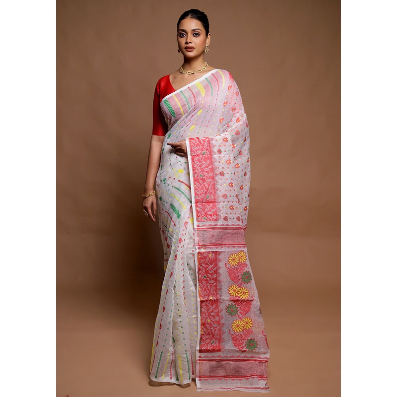 White Tant Jamdani Saree Without Blouse Piece - JD986606410