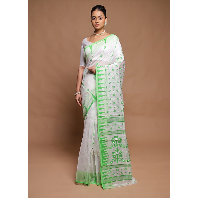 White Tant Jamdani Saree Without Blouse Piece - JD986606422
