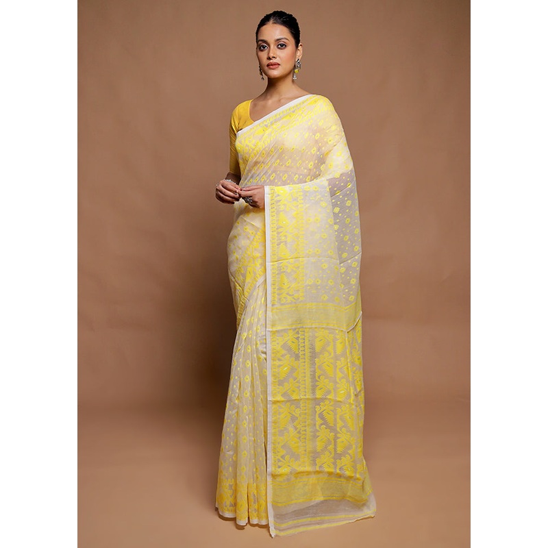 White Tant Jamdani Saree Without Blouse Piece - JD986606423