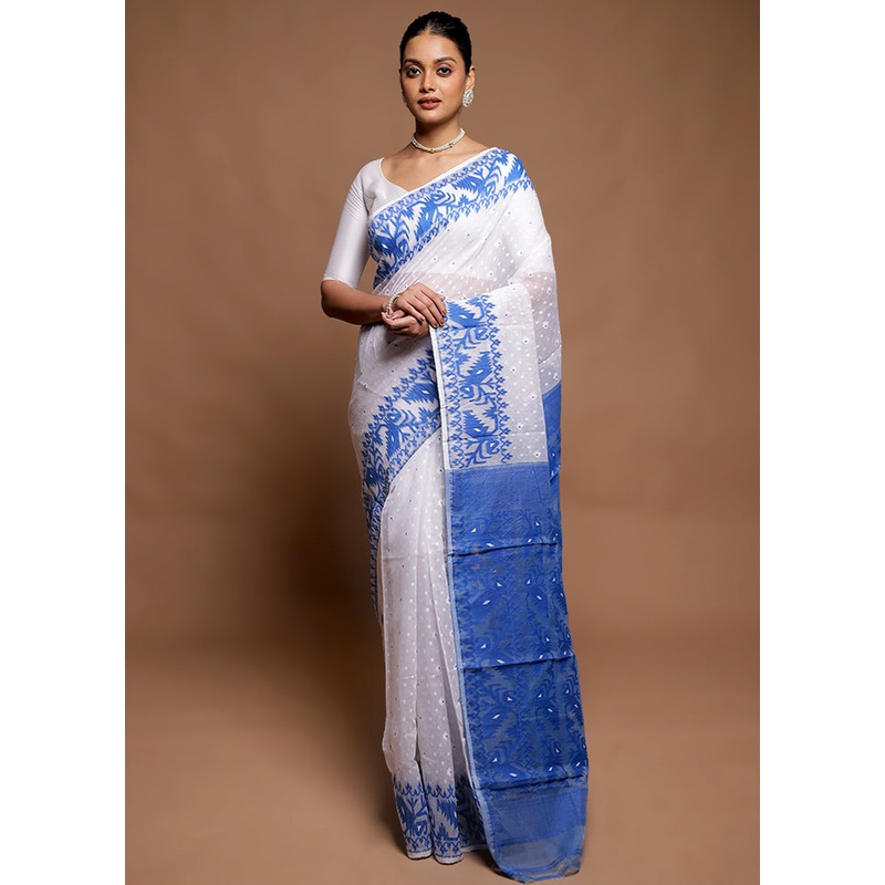 White Tant Jamdani Saree Without Blouse Piece - JD986606424