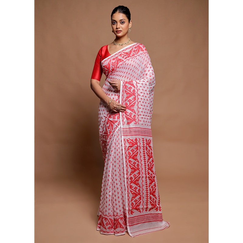 White Tant Jamdani Saree Without Blouse Piece - JD986606425