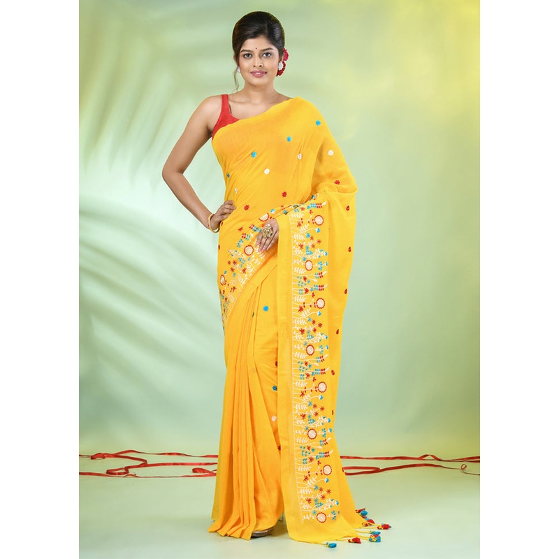 Yellow Cotton Saree With Blouse Piece - JD986606296