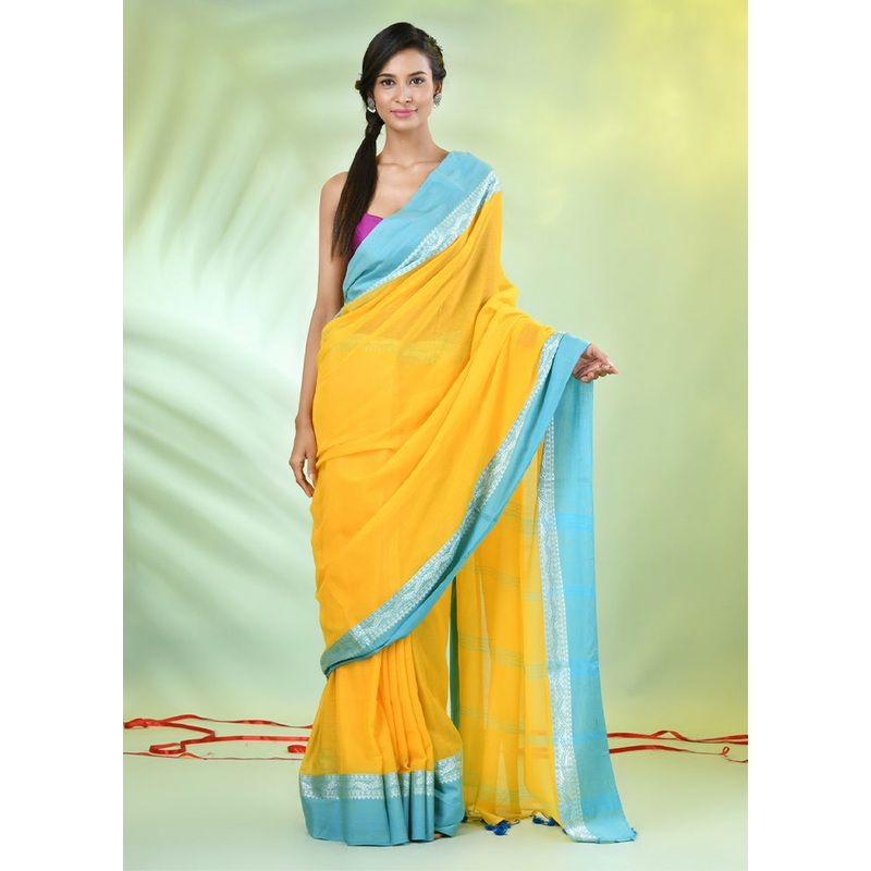 Yellow Cotton Saree With Blouse Piece - JD986606298
