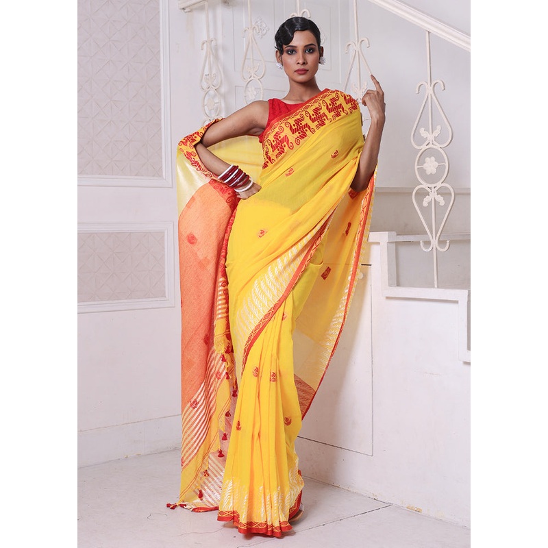 Yellow Cotton Saree With Blouse Piece - JD986606299
