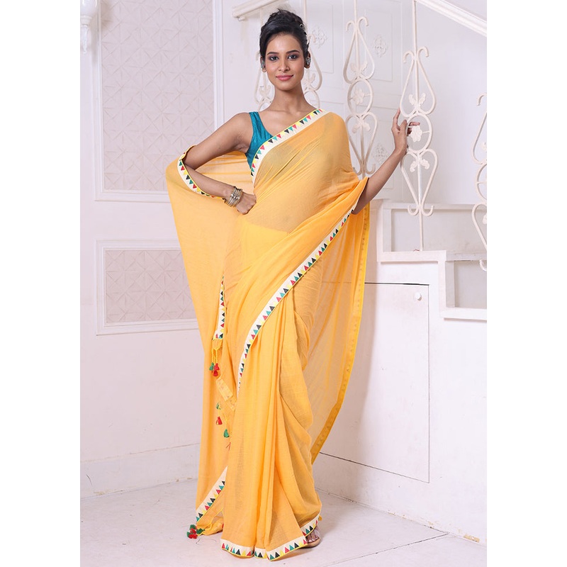 Yellow Cotton Solid Saree Without Blouse Piece - JD986606294