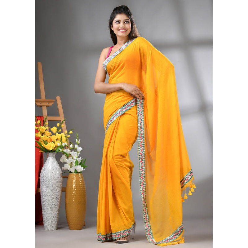 Yellow Cotton Solid Saree Without Blouse Piece - JD986606295