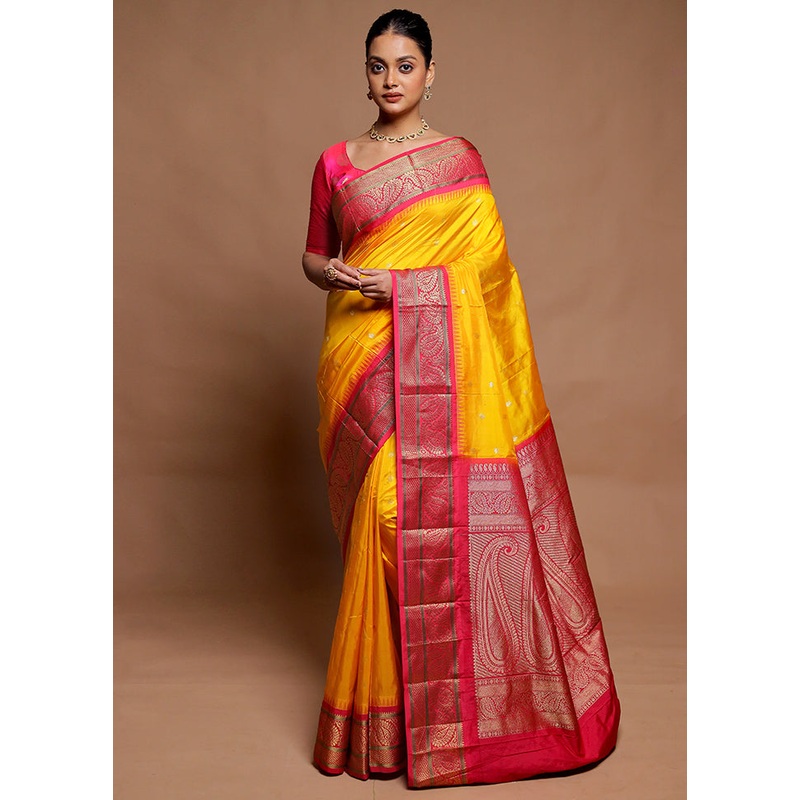 Yellow Handloom Kanjivaram Pure Silk Saree With Blouse Piece - JD986606411