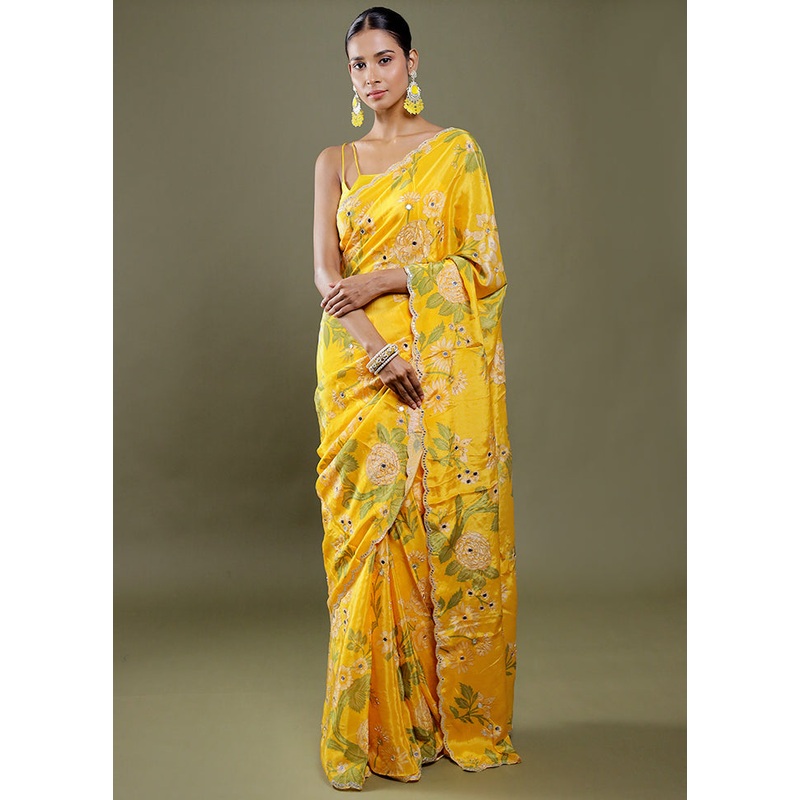 Yellow Printed Pure Silk Saree Without Blouse Piece - JD986606371