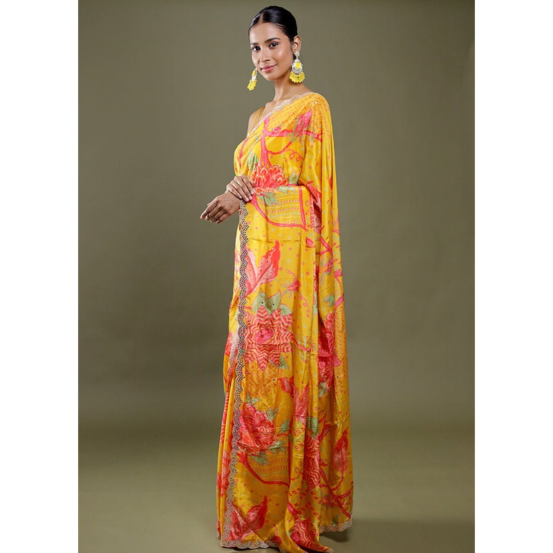 Yellow Printed Pure Silk Saree Without Blouse Piece - JD986606372