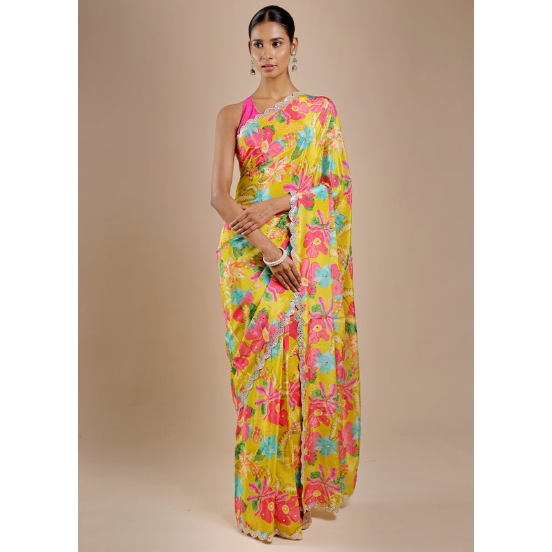 Yellow Printed Pure Silk Saree Without Blouse Piece - JD986606389