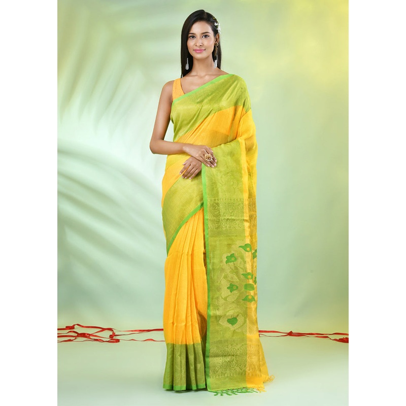 Yellow Pure Cotton Saree With Blouse Piece - JD986606292