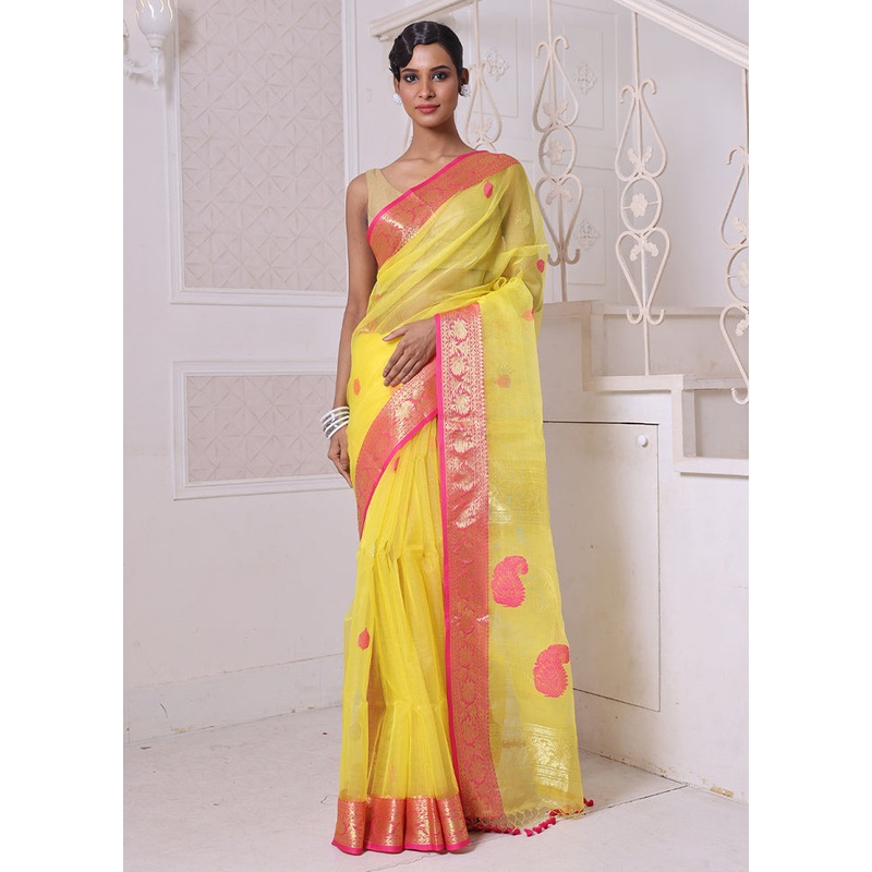 Yellow Spun Silk Saree With Blouse Piece - JD986606290