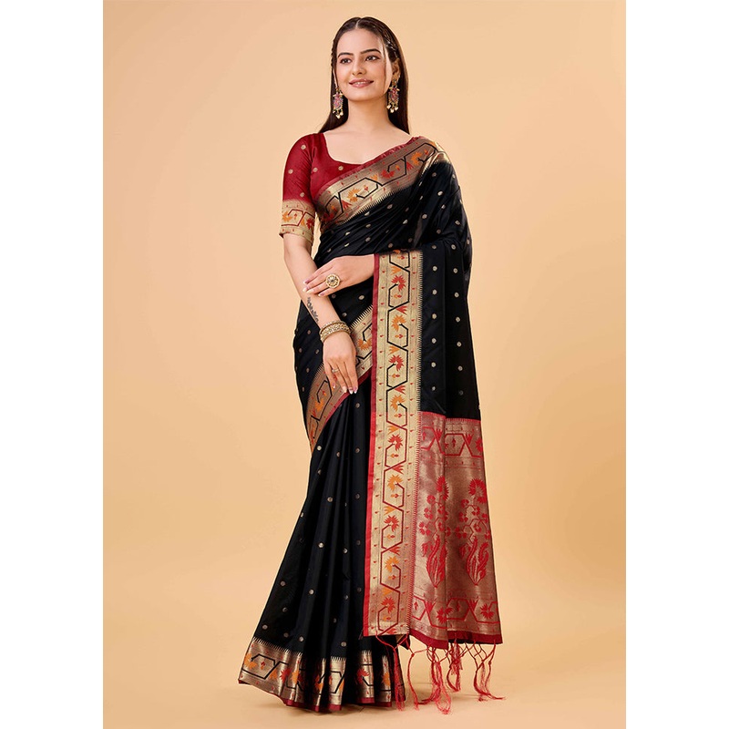 Black Banarasi Silk Saree With Blouse Piece - JD986606204