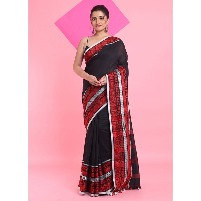 Black Cotton Saree With Blouse Piece - JD986606286
