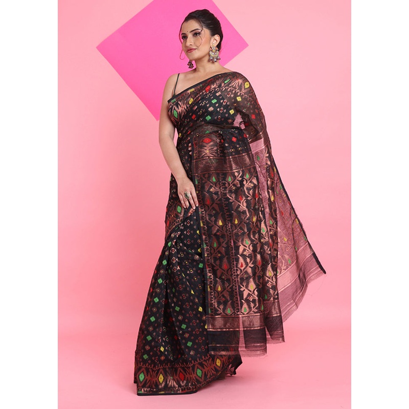 Black Cotton Woven Work Saree Without Blouse Piece - JD986606284
